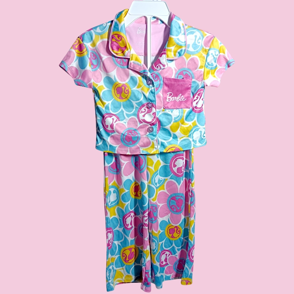 BARBIE Girls Pink, Yellow, & Blue Floral Pajama Set for Toddlers Size 2T